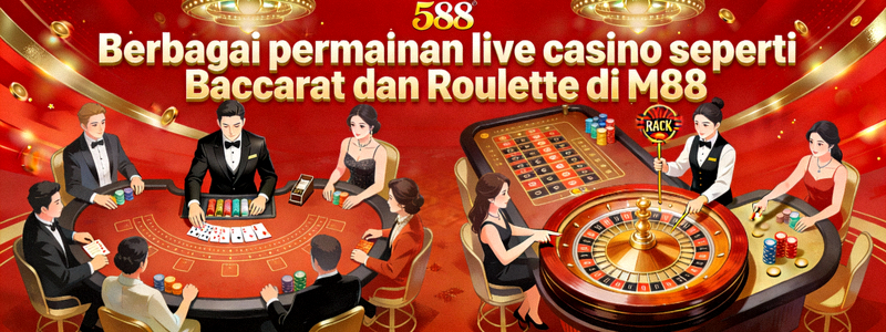 Berbagai permainan live casino seperti Baccarat dan Roulette di M88